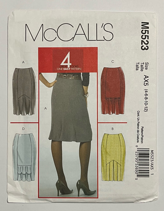 McCalls 5523 Skirt with Straight Back Flounce in 4 Ways Uncut Sewing Pattern Misses sz 4-12