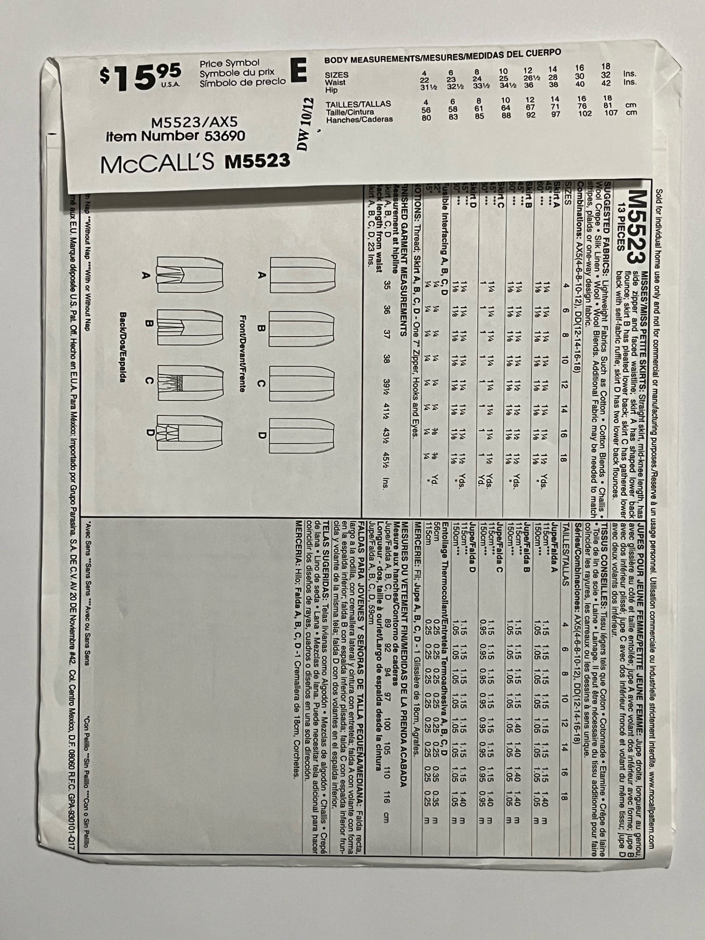 McCalls 5523 Skirt with Straight Back Flounce in 4 Ways Uncut Sewing Pattern Misses sz 4-12