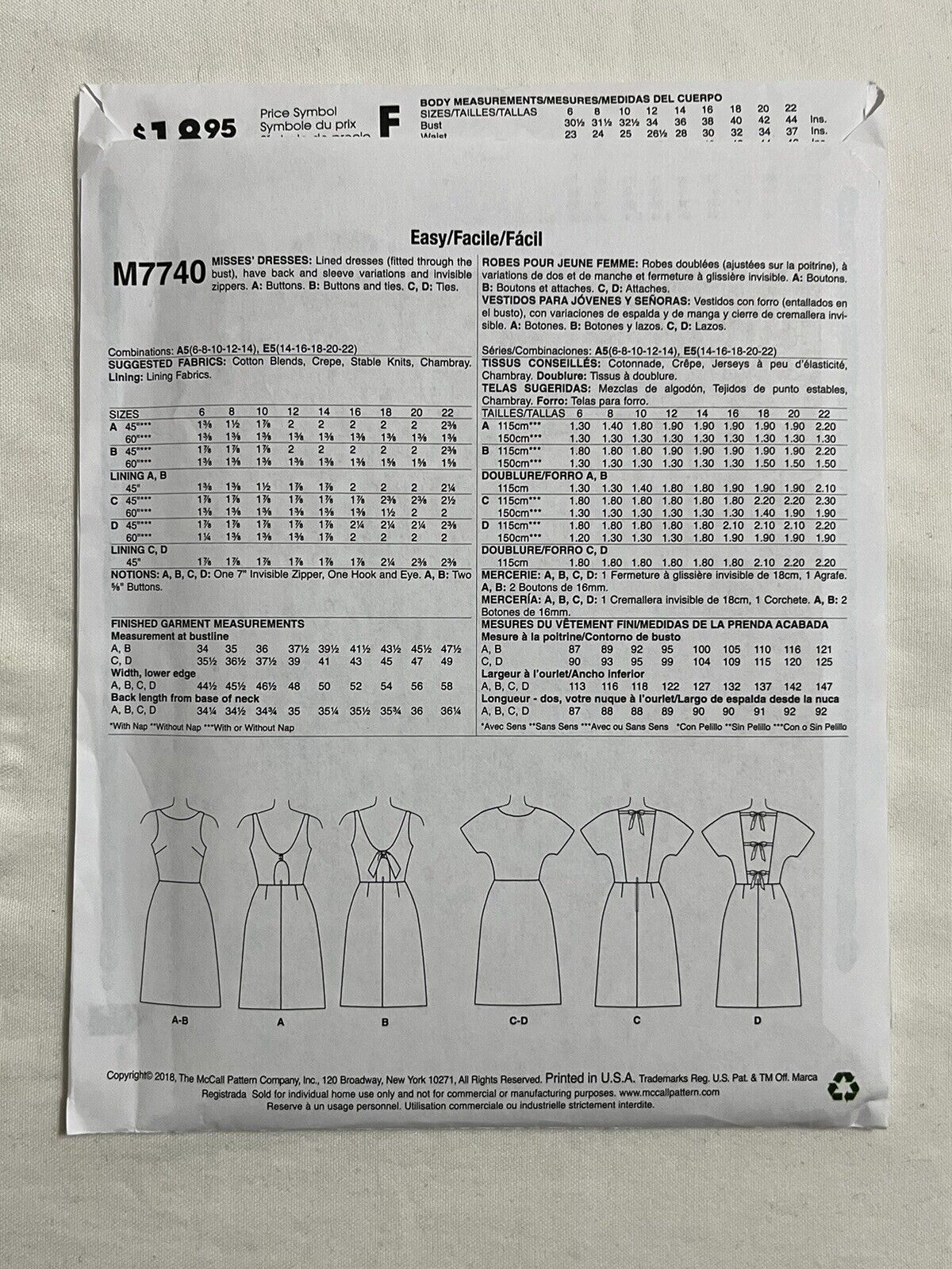 McCalls 7740 Dresses Teen Dress Uncut Sewing Pattern Misses sz 6-14